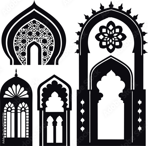 Islamic window shape silhouette vector design in white background.