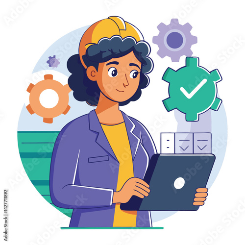 female engineer checks the program and discovers an error. Hand drawn style vector design illustrations vector