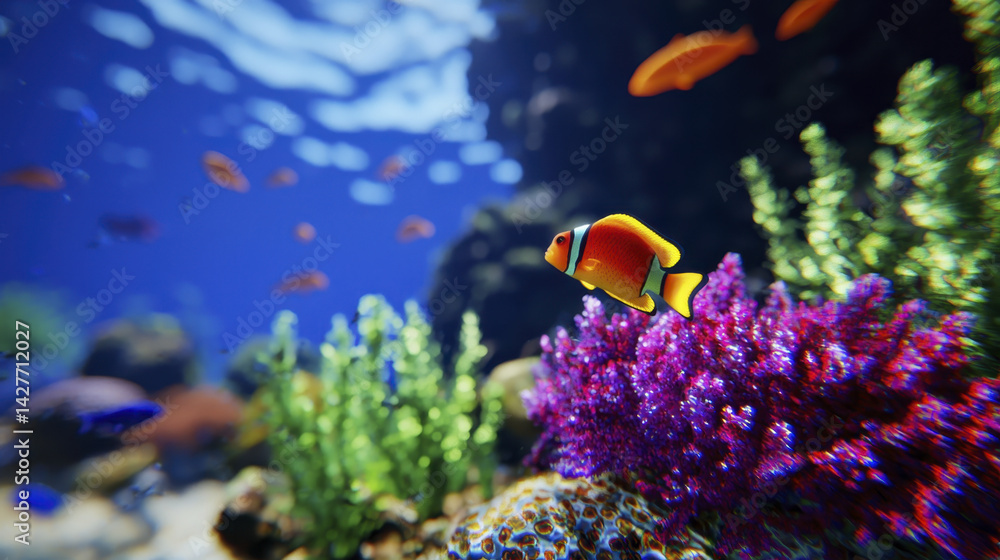 Naklejka premium vibrant underwater scene featuring colorful clownfish swimming among lush coral reefs and various marine life, creating serene atmosphere