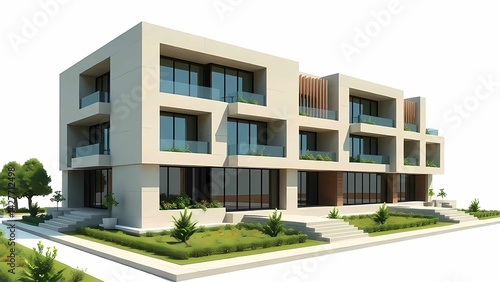 A modern three-story apartment building with glass balconies, minimalist design, and neatly arranged green landscaping