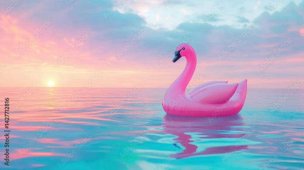 Fototapeta premium Pink inflatable swan floats on tranquil water at sunset