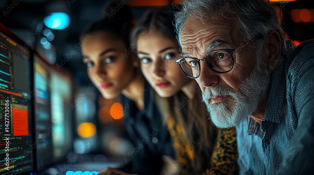 Senior programmer mentors two young women, focused on computer screens at night, in a tech office Senior programmer mentors two young women, focused on computer screens at night, in a tech office