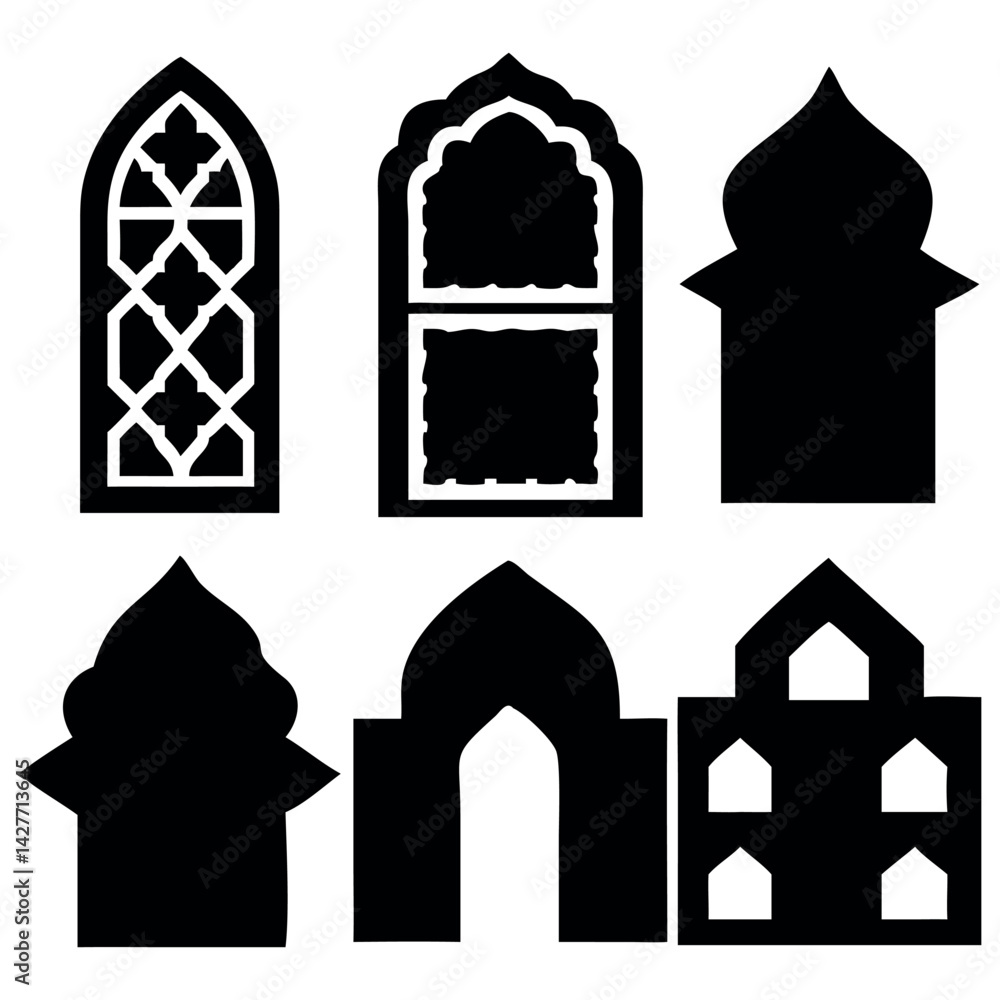 Fototapeta premium Islamic window shape silhouette vector design in white background.
