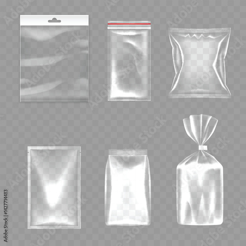 Set of Transparent Packaging Bags with Zipper, Hang Hole, and Tied Options - Vector