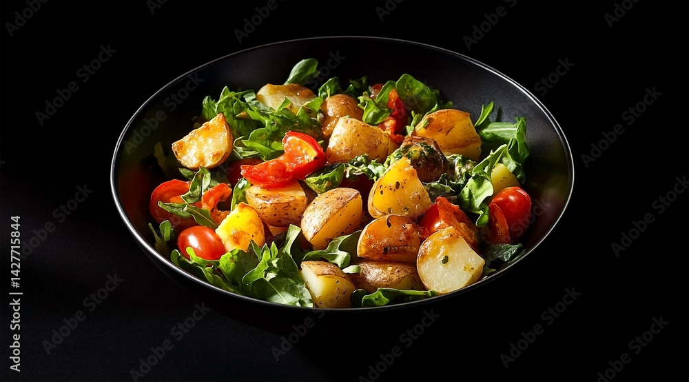 Artistic presentation of a potato salad with arugula and tomatoes on black backdrop Artistic presentation of a potato salad with arugula and tomatoes on black backdrop