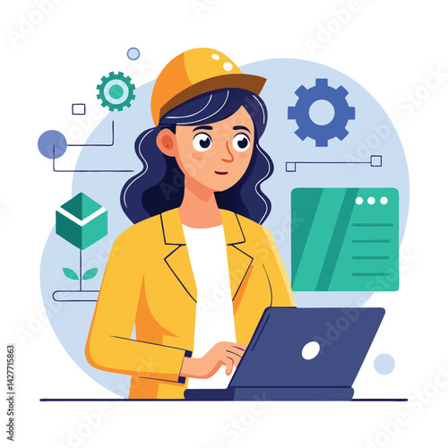 female engineer checks the program and discovers an error. Hand drawn style vector design illustrations vector