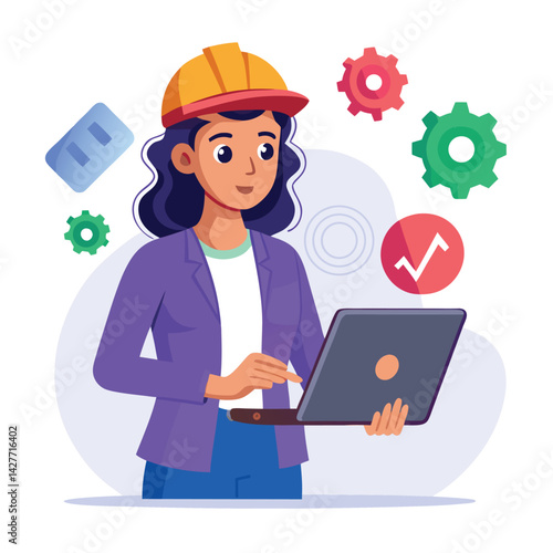 female engineer checks the program and discovers an error. Hand drawn style vector design illustrations vector