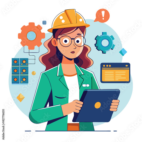 female engineer checks the program and discovers an error. Hand drawn style vector design illustrations vector