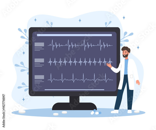 Cardiology concept. Male doctor check ECG, EKG, cardiogram and electrocardiogram. Health heart check up and cardiovascular pressure. Vector illustration in flat cartoon style.