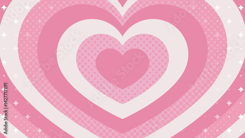 同心状のハートとハーフトーンのドット、キラキラのパターン背景、ポップなデザイン、装飾的な放射型図形