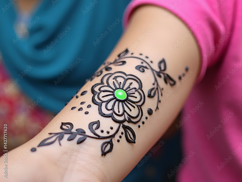 Naklejka premium A woman's hand showcases a beautiful henna tattoo, a form of body art and jewelry