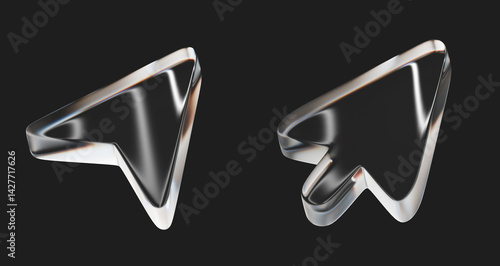 3d glassy arrow icons set with refraction isolated on a black background. Render a transparent glass cursor with overlay dispersion light. Glassmorphism arrow icons.