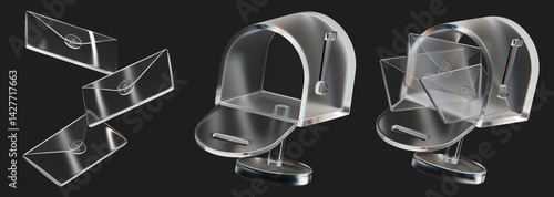 3D glassy mailbox with envelope isolated on black background. Mail delivery, and newsletter concept. Mail notifications. Set of mailboxes. 3d render illustration. Glassmorphism mailbox with envelope.