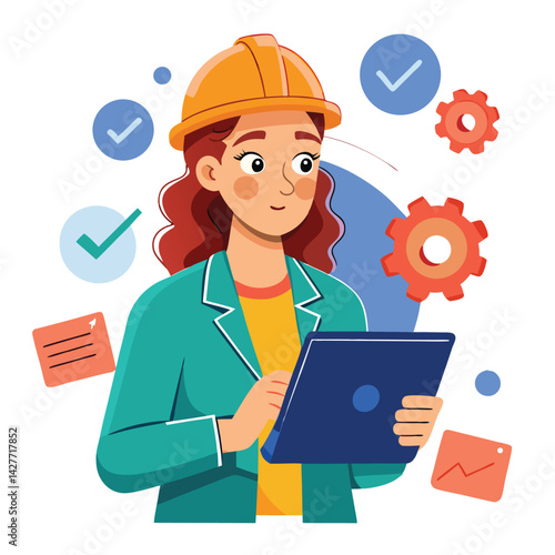 female engineer checks the program and discovers an error. Hand drawn style vector design illustrations vector