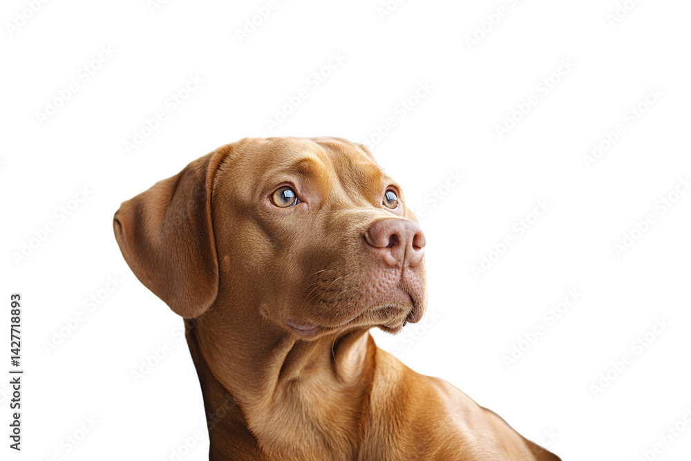 A calm brown dog gazes upward with soft eyes and floppy ears, appearing thoughtful and alert, isolated on a transparent background A calm brown dog gazes upward with soft eyes and floppy ears, appearing thoughtful and alert, isolated on a transparent background