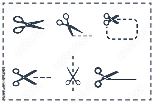Set of scissors with cut lines, Sewing, tailor and cutoff symbol