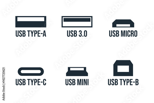 Usb port vector set - type-a, type-c, usb micro, usb mini, type-b and usb 3.0
