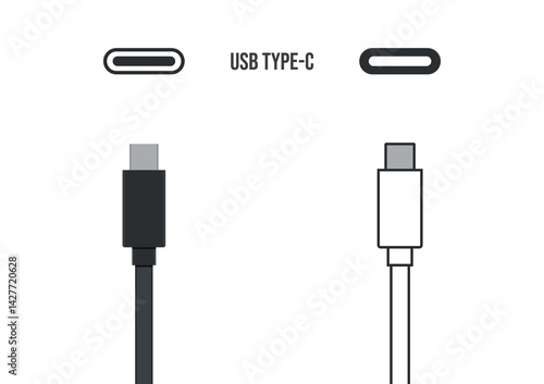 usc type-c icon set, usb Type C data cable connectors and plugs line
