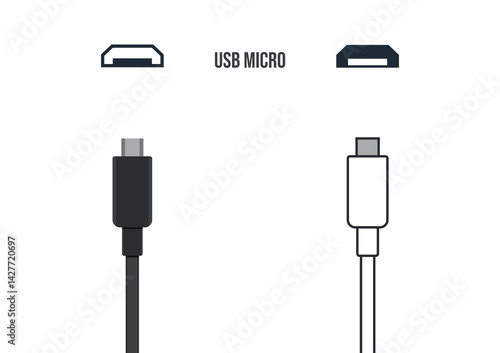 usc micro icon set, micro usb data cable connectors and plugs line