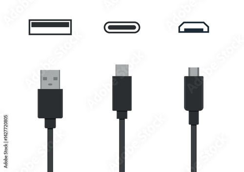 Usb port vector set - type-a, type-c, usb micro data cable connectors and plugs line