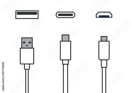 Usb port vector set - type-a, type-c, usb micro data cable connectors and plugs line