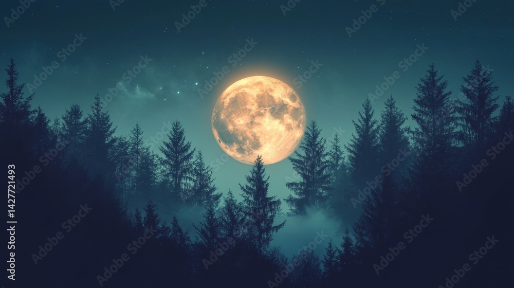 Fototapeta premium Glowing moon merging into forest silhouette at night atmospheric illustration enchanting landscape dreamy viewpoint nature concept