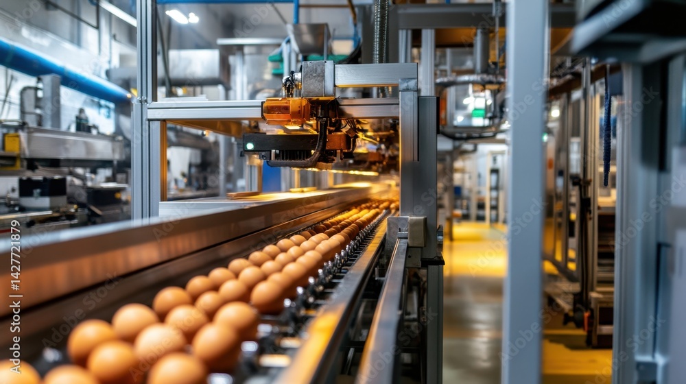 Industrial egg processing facility with rows of brown eggs rolling through machinery Industrial egg processing facility with rows of brown eggs rolling through machinery