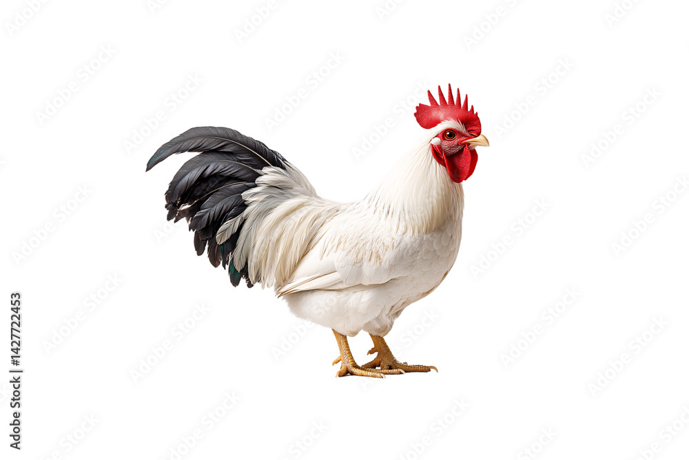 Fototapeta premium Graceful white rooster with striking black tail feathers and vivid red comb stands confidently sideways, isolated on a transparent background