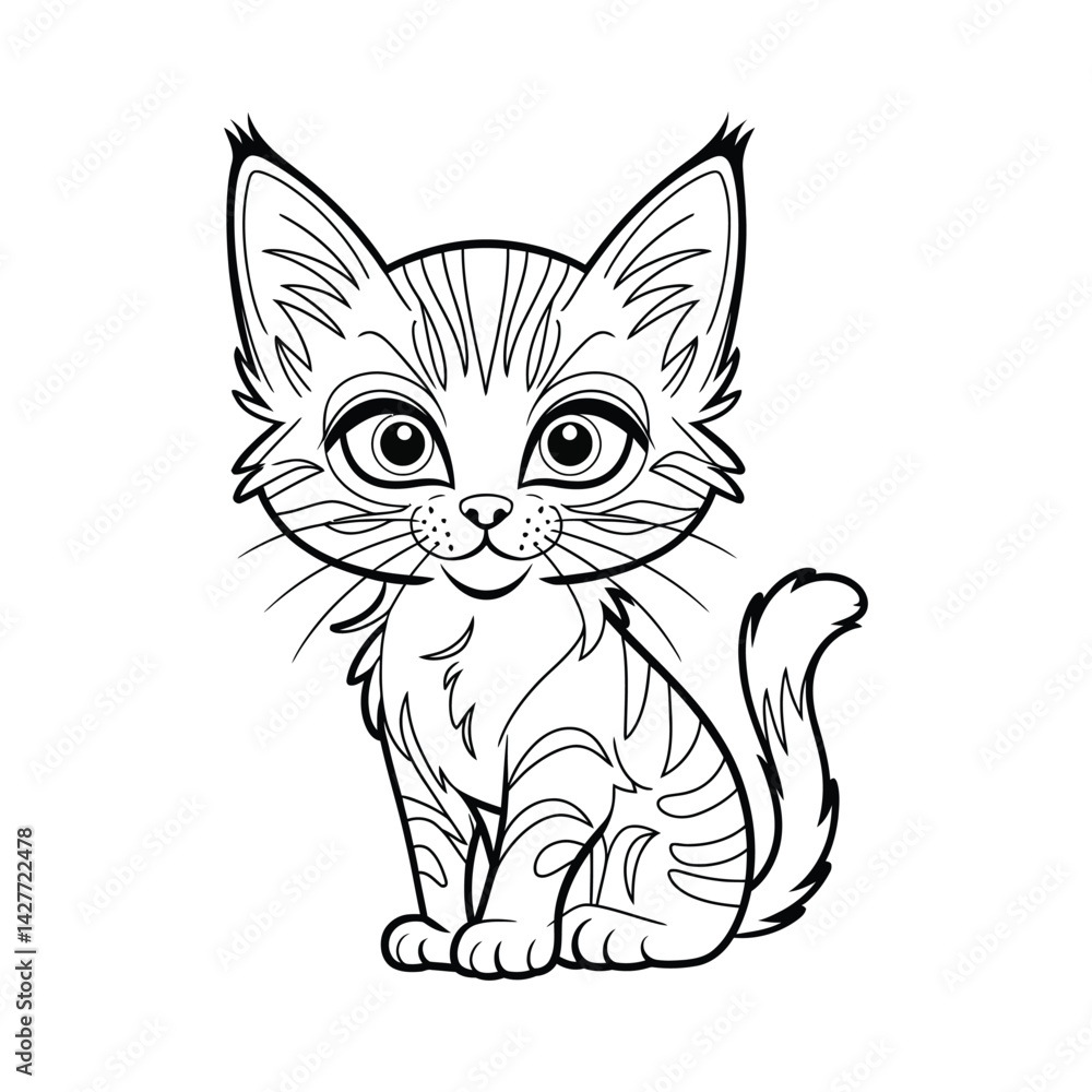 Obraz premium Cute Cartoon Cat with Big Eyes – Black and White Line Art of Kitten Sitting on White Background, Simple and Playful Style for Coloring Pages 