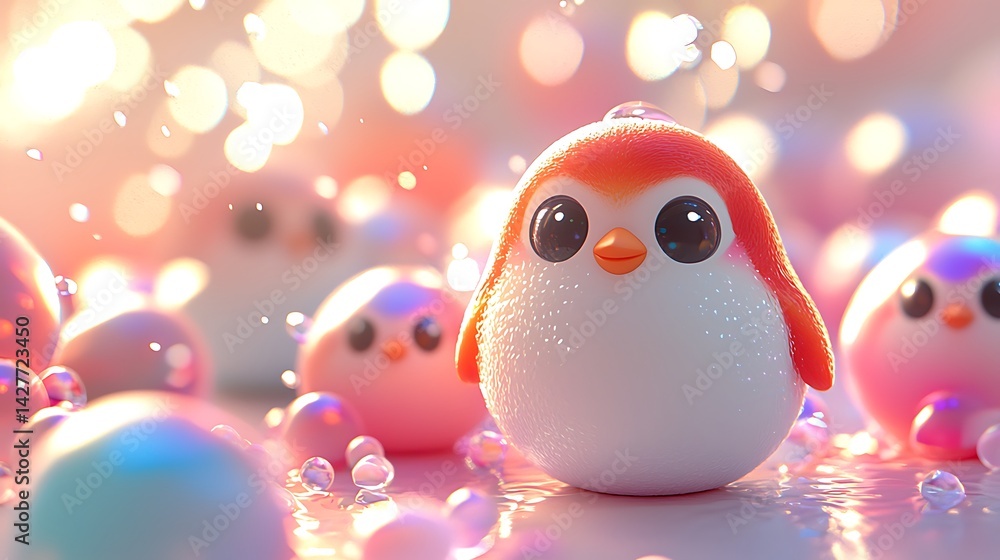 Adorable cartoon penguin amidst pastel bubbles and bokeh Adorable cartoon penguin amidst pastel bubbles and bokeh