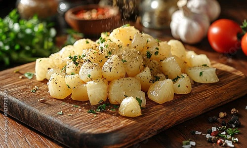 Freshly diced potatoes seasoned with herbs on a wooden cutting board in a rustic kitchen