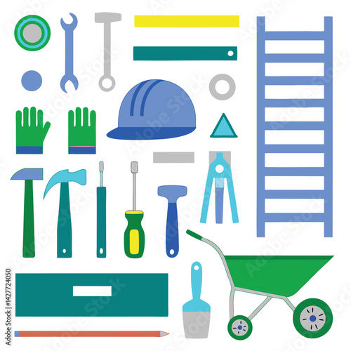 Toolkit with Hammer, Gloves, Ladder, Hard Hat and Wheelbarrow on White Background