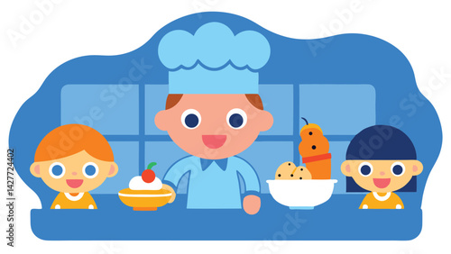 Cartoon Chef with Kids, Dessert Bowls and Fruit, Happy Expressions Flat