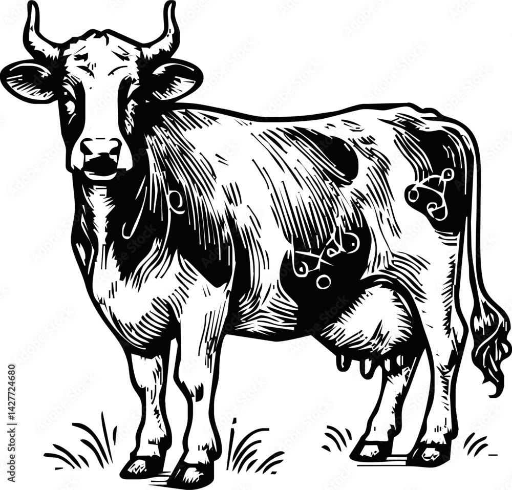 Fototapeta premium Vintage engrave isolated cow illustration ink sketch. Bull background calf vector art