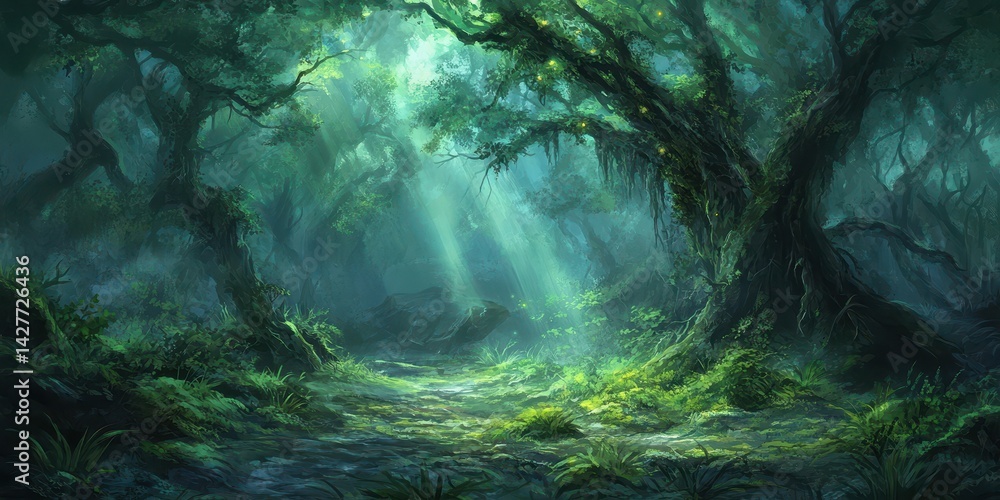 Obraz premium Lush, sunlit path through a mystical forest.