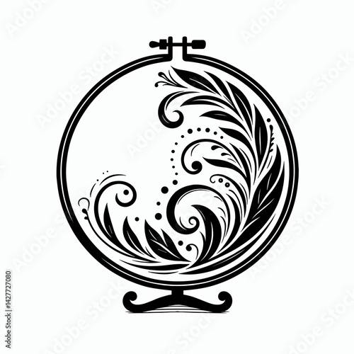 Embroidery Hoop with Decorative Floral Design in Black and White  