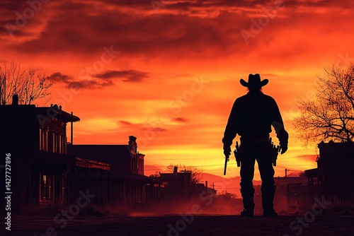 Silhouette of a cowboy with guns stands in front of a sunset landscape.