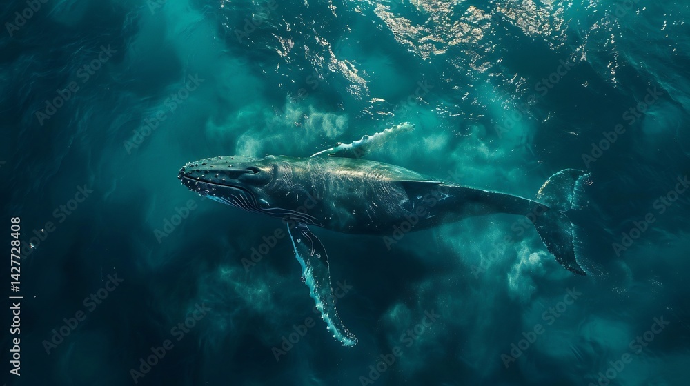 Fototapeta premium Breathtaking scene of a humpback whale mother and calf gliding through the deep blue ocean water shimmering around their massive bodies