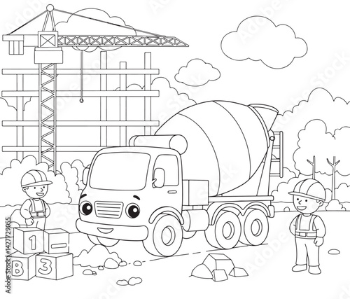 Engaging Construction Site Coloring Page with Friendly Cement Mixer Truck and Engineers