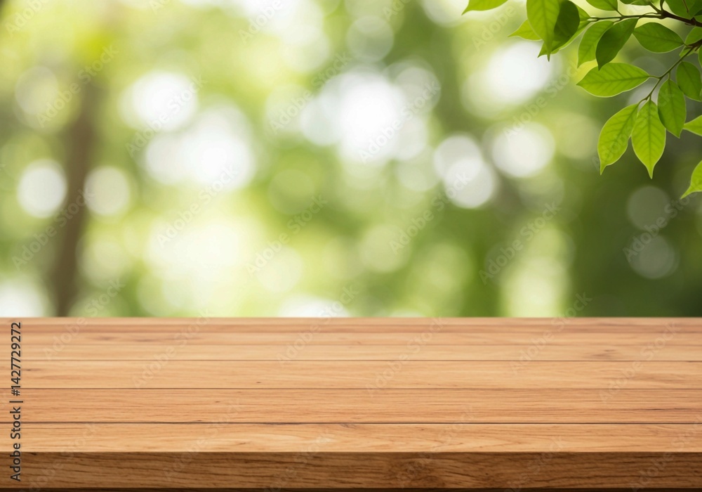 With a branch of vibrant green leaves in the corner, a smooth wooden tabletop provides a clear surface against a blurred green leafy background. With a branch of vibrant green leaves in the corner, a smooth wooden tabletop provides a clear surface against a blurred green leafy background.