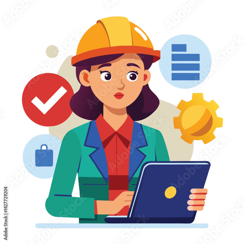 female engineer checks the program and discovers an error. Hand drawn style vector design illustrations vector
