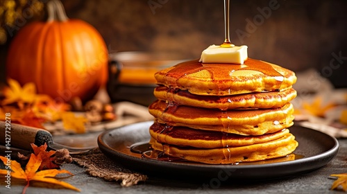 Fototapeta Naklejka Na Ścianę i Meble -  Delicious autumn pumpkin pancakes stack with maple syrup and butter food fall warm cozy meal sweet