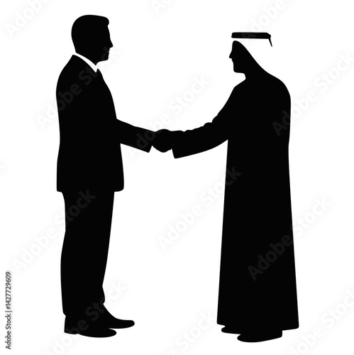 Arab and Western Businessmen Handshake Silhouette Agreement