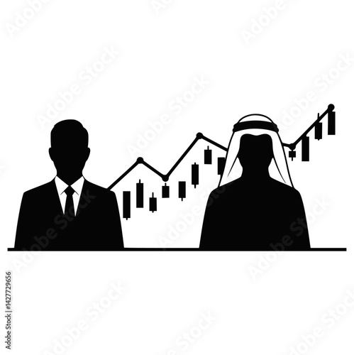 Business Growth Concept with Arab Investor and Businessman Silhouette and Financial Graph