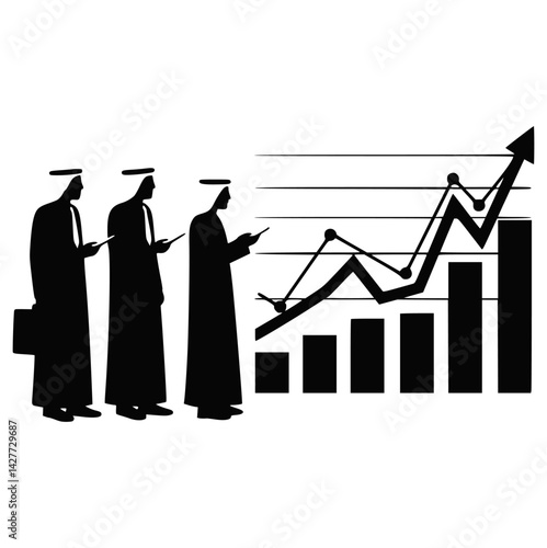 Arab Businessmen Analyzing Growth Charts and Discussing Finance in Silhouette