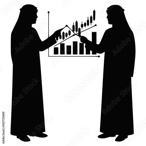 Arab Businessmen Analyzing Growth Charts and Discussing Finance in Silhouette