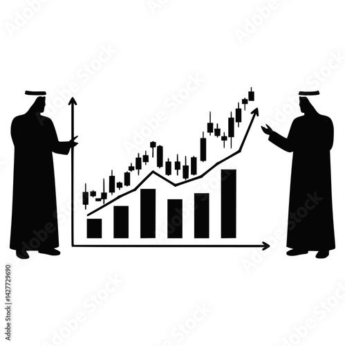 Arab Businessmen Analyzing Growth Charts and Discussing Finance in Silhouette