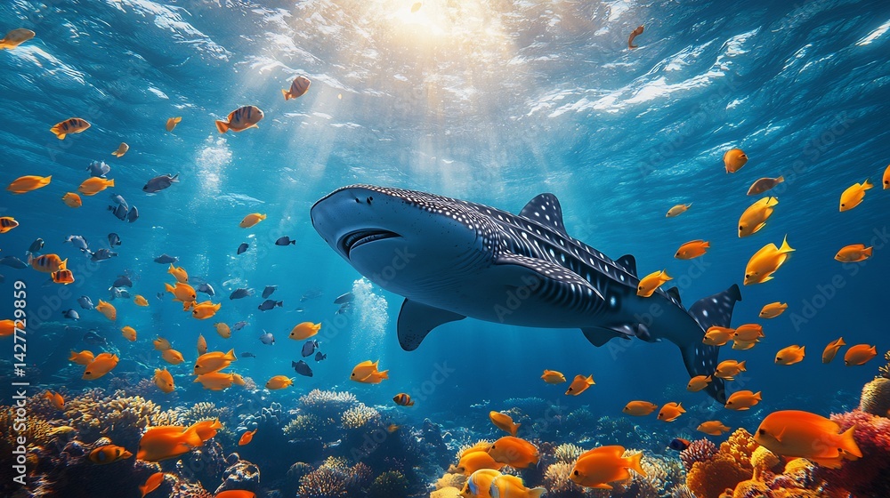 Obraz premium Breathtaking view of a whale shark swimming peacefully with a school of colorful fish sunlight piercing the deep blue ocean