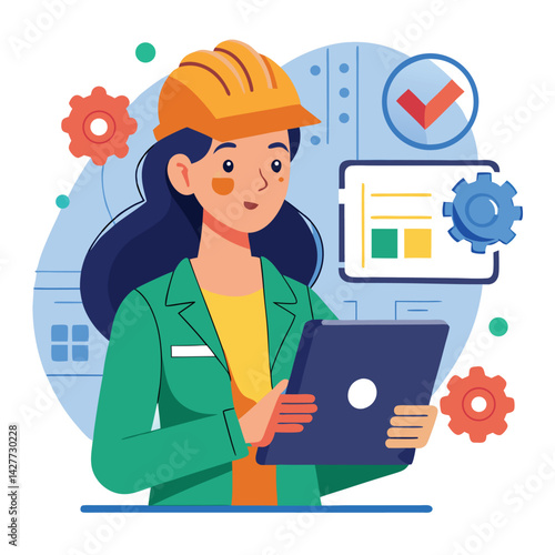 female engineer checks the program and discovers an error. Hand drawn style vector design illustrations vector