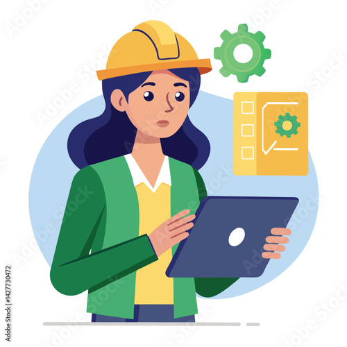 female engineer checks the program and discovers an error. Hand drawn style vector design illustrations vector